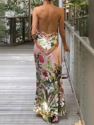 Printed Halter Neck Backless Maxi Dress - Makw Official Site