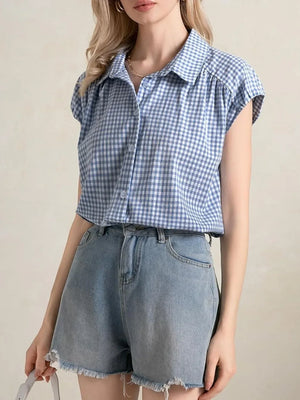 Plaid Button Up Cap Sleeve Shirt - Makw Official Site