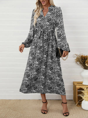 Paisley Print Long Sleeve Midi Dress - Makw Official Site