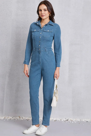 Snap Down Denim Jumpsuit with Pockets - Makw Official Site