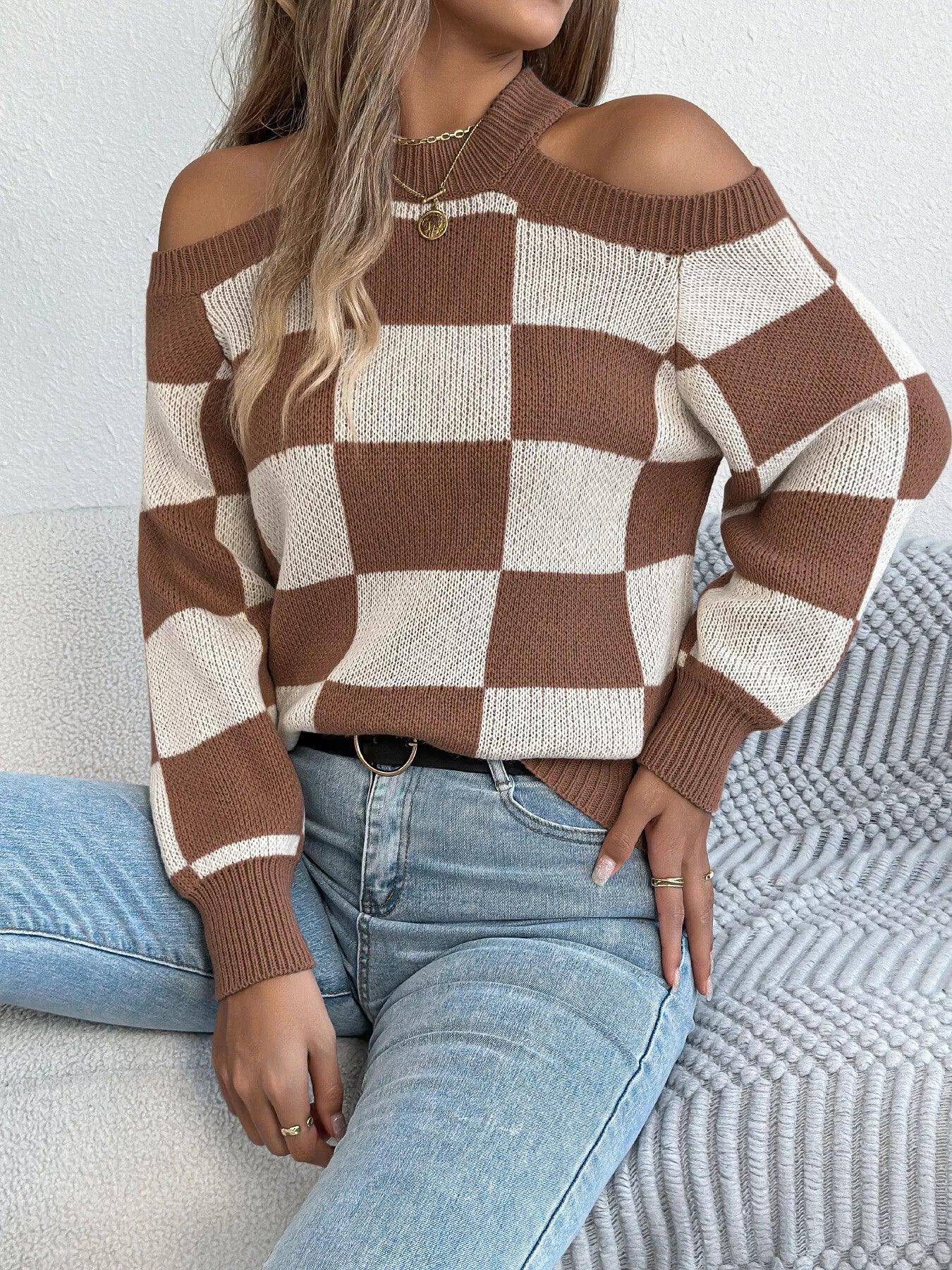 Cold Shoulder Checkered Long Sleeve Sweater - Makw Official Site