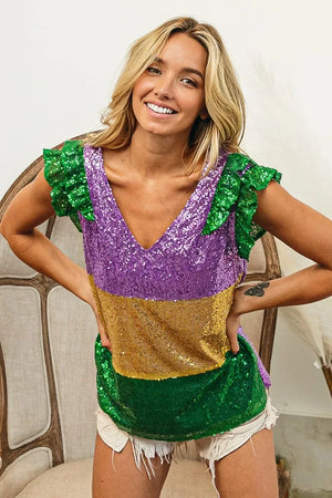 BiBi Mardi Gras Sequin Color Block Ruffled Top - Makw Official Site