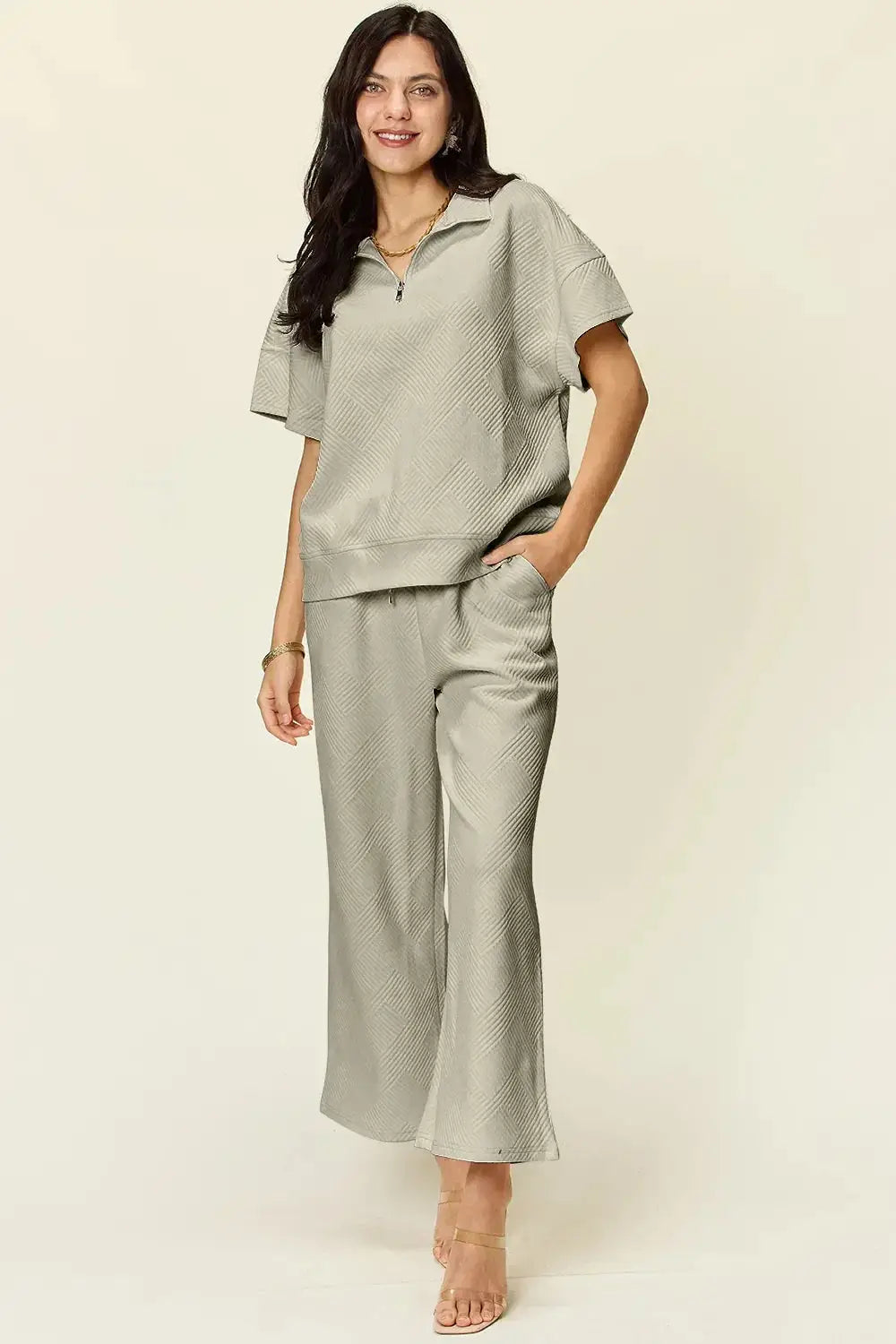 Double Take Full Size Texture Half Zip Short Sleeve Top and Pants Set - Makw Official Site