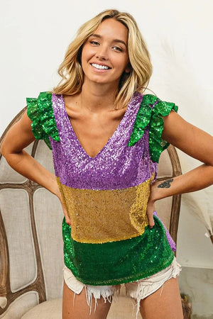 BiBi Mardi Gras Sequin Color Block Ruffled Top - Makw Official Site