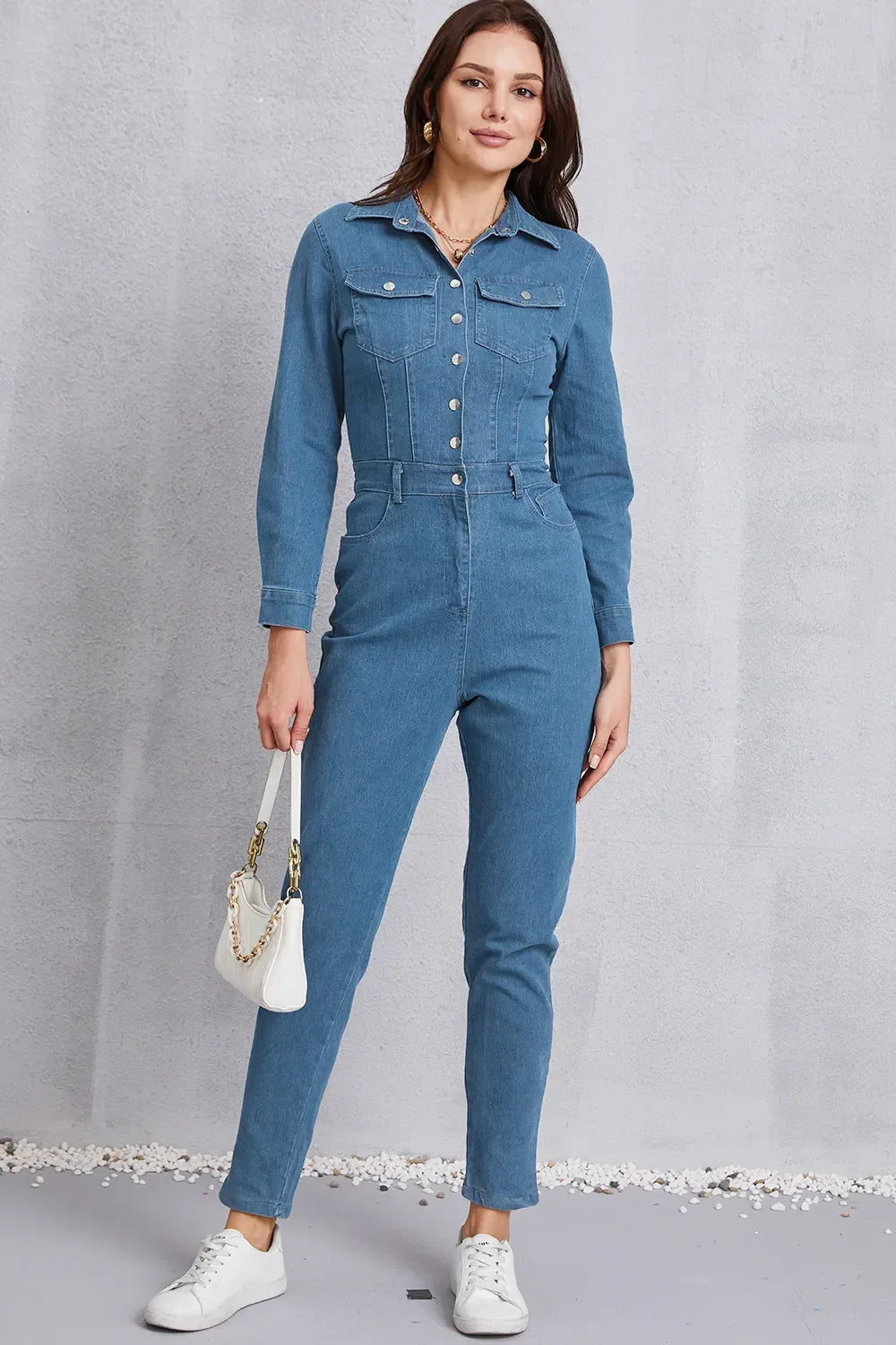 Snap Down Denim Jumpsuit with Pockets - Makw Official Site