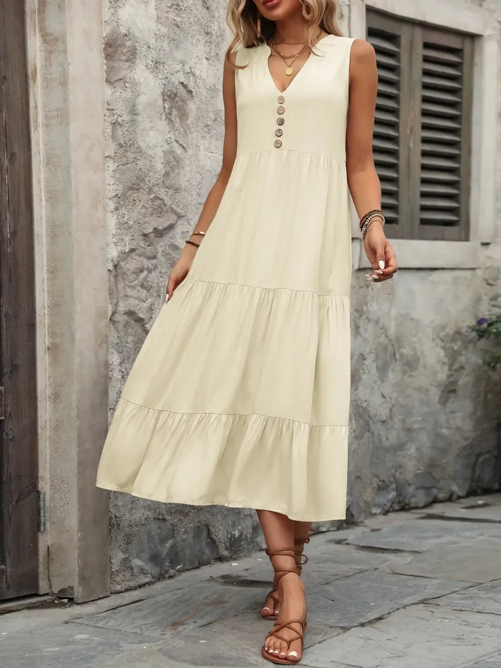 Ivy Lane Decorative Button Notched Sleeveless Dress - Makw Official Site