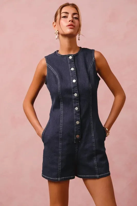 SO ME Button Up Front Washed Denim Sleeveless Romper - Makw Official Site