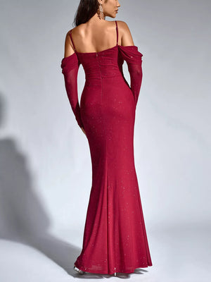 Glitter Ruched Long Sleeve Mermaid Maxi Dress - Makw Official Site