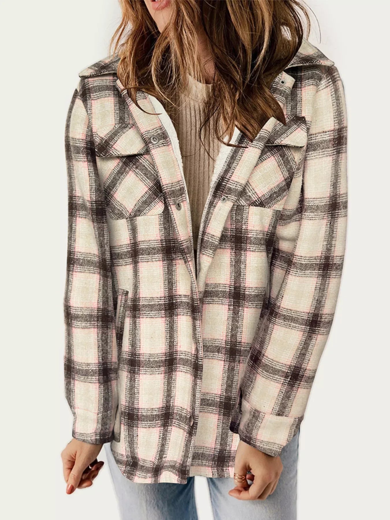 Oversized Plaid Long Sleeve Fleece Jacket - Makw Official Site