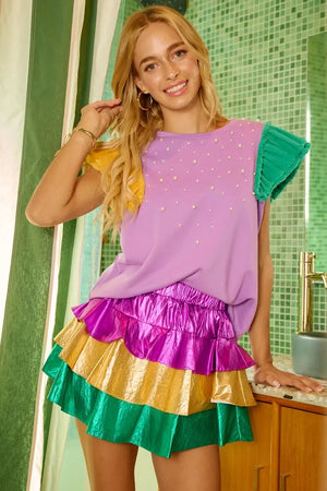 BiBi Mardi Gras Color Block Metallic Tiered Skirt - Makw Official Site