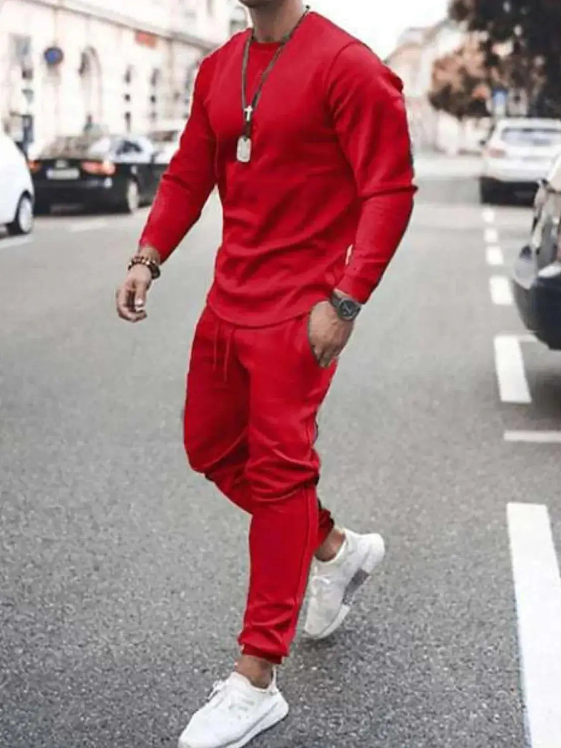 Men's Full Size Round Neck Long Sleeve Top and Pants Set Plus Size - Makw Official Site