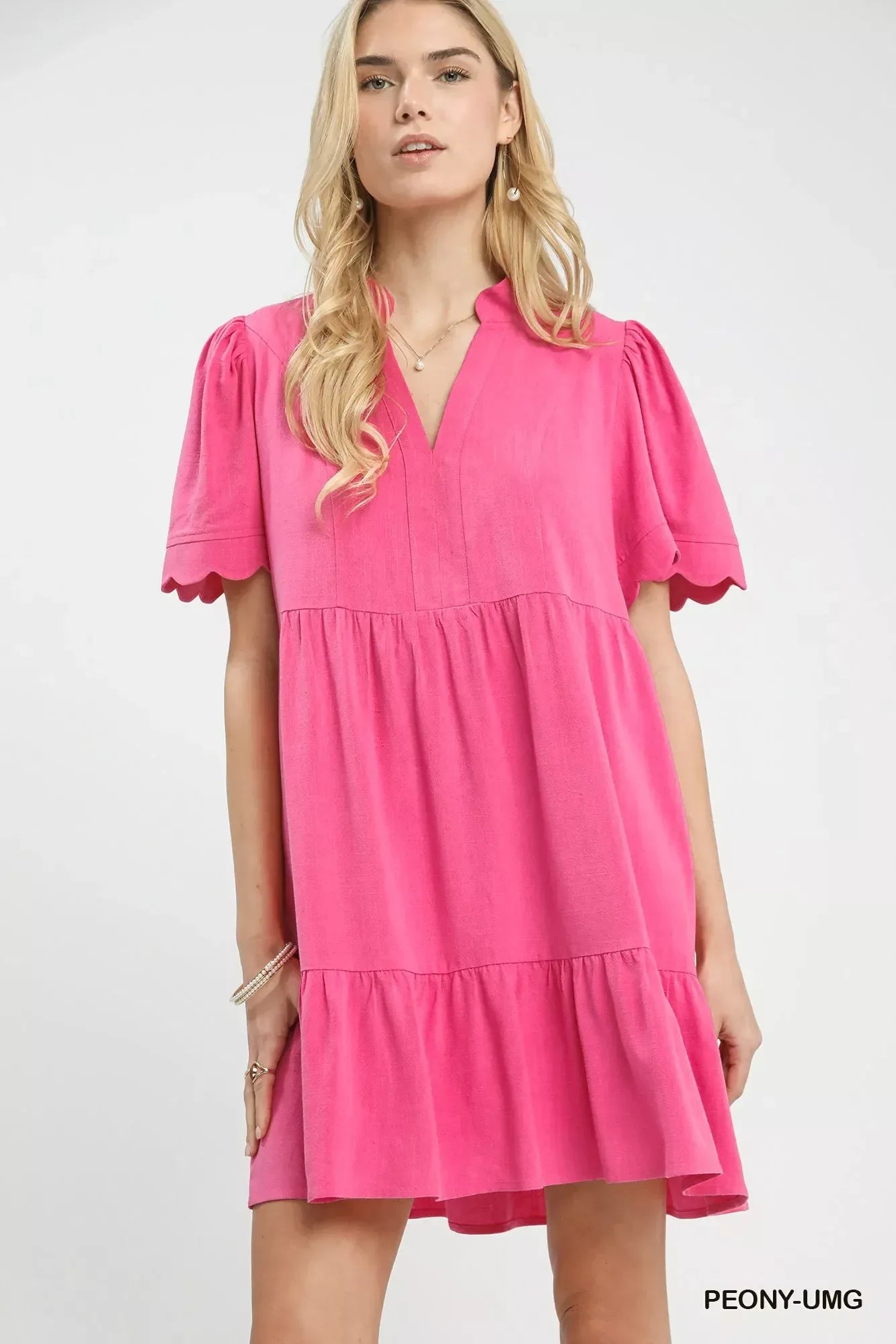 Umgee Linen Tiered Babydoll Dress with Scalloped Sleeves - Makw Official Site