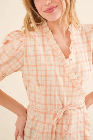 And The Why Plaid Patterned and Ruffled Wrap Blouse Top - Makw Official Site