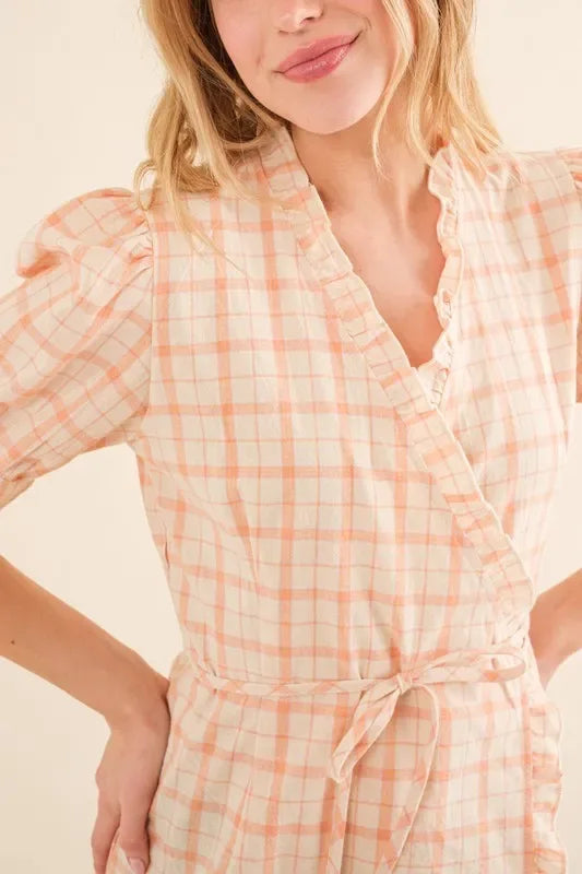 And The Why Plaid Patterned and Ruffled Wrap Blouse Top - Makw Official Site
