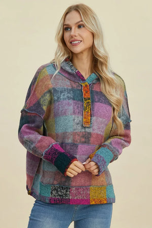 Double Take Full Size Plaid Dropped Shoulder Fleece Hoodie - Makw Official Site