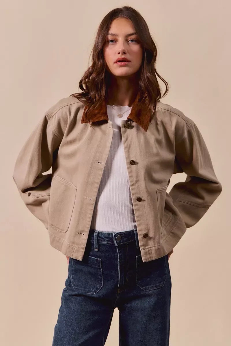 SO ME Cotton Twill Cropped Barn Jacket wtih Collar - Makw Official Site