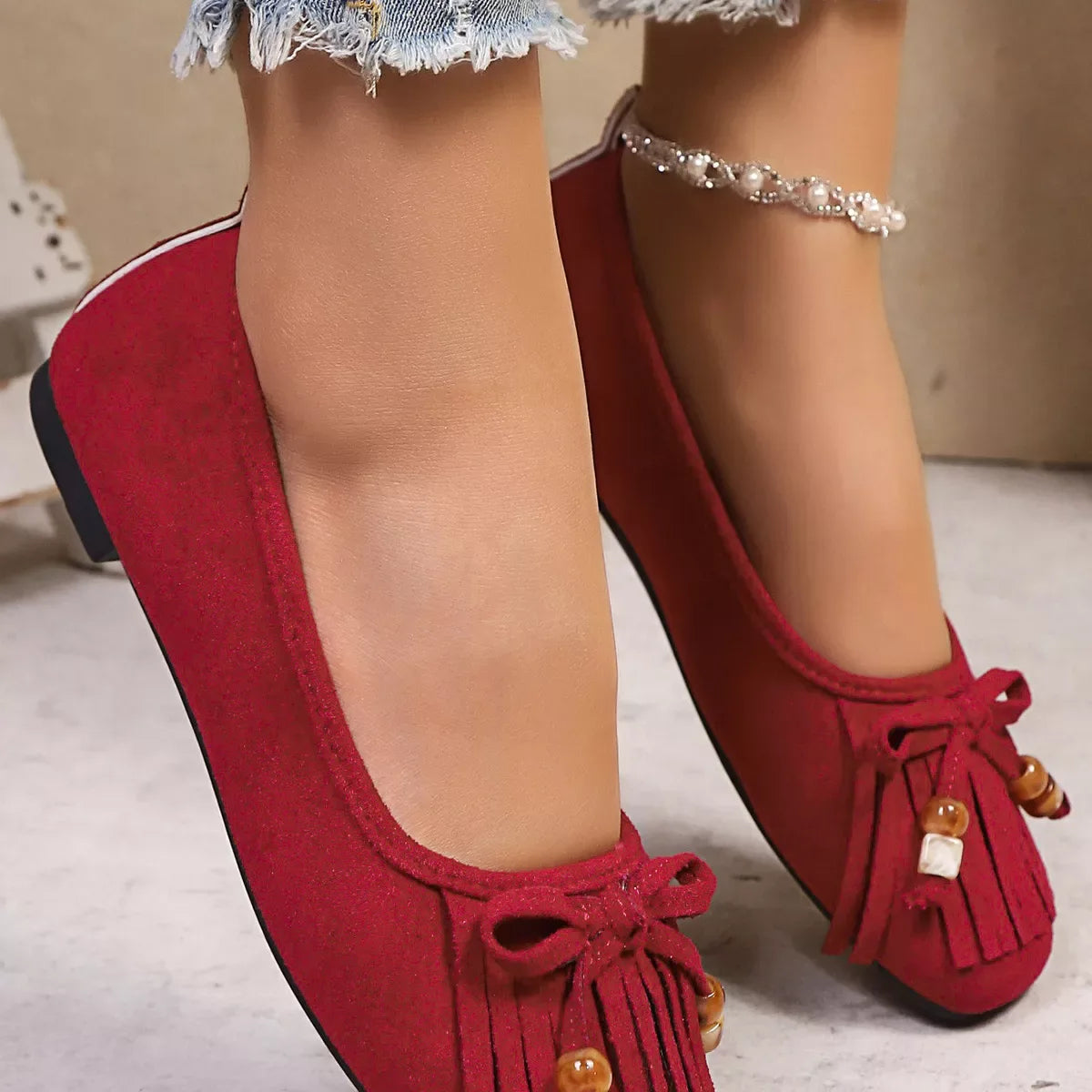 Suede Fringe Slip-Ons - Makw Official Site