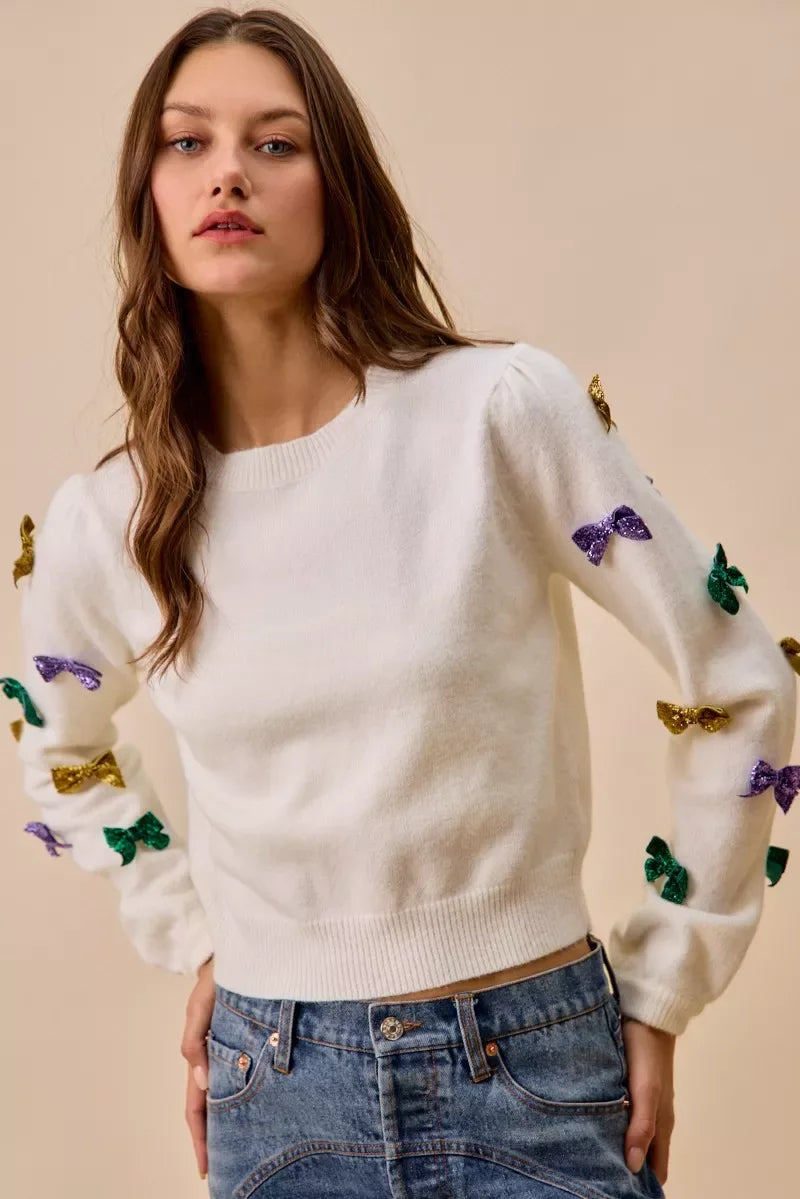 SO ME Mardi Gras Glitter Bow Ribbon Sweater Knit Top - Makw Official Site