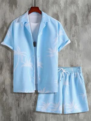 Men's Full Size Palm Print Button Up Shirt and Shorts Set Plus Size - Makw Official Site