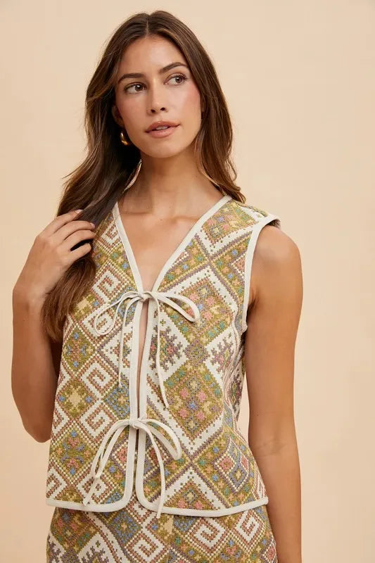 Annie Wear Ethnic Woven Jacquard Tie Front Vest - Makw Official Site