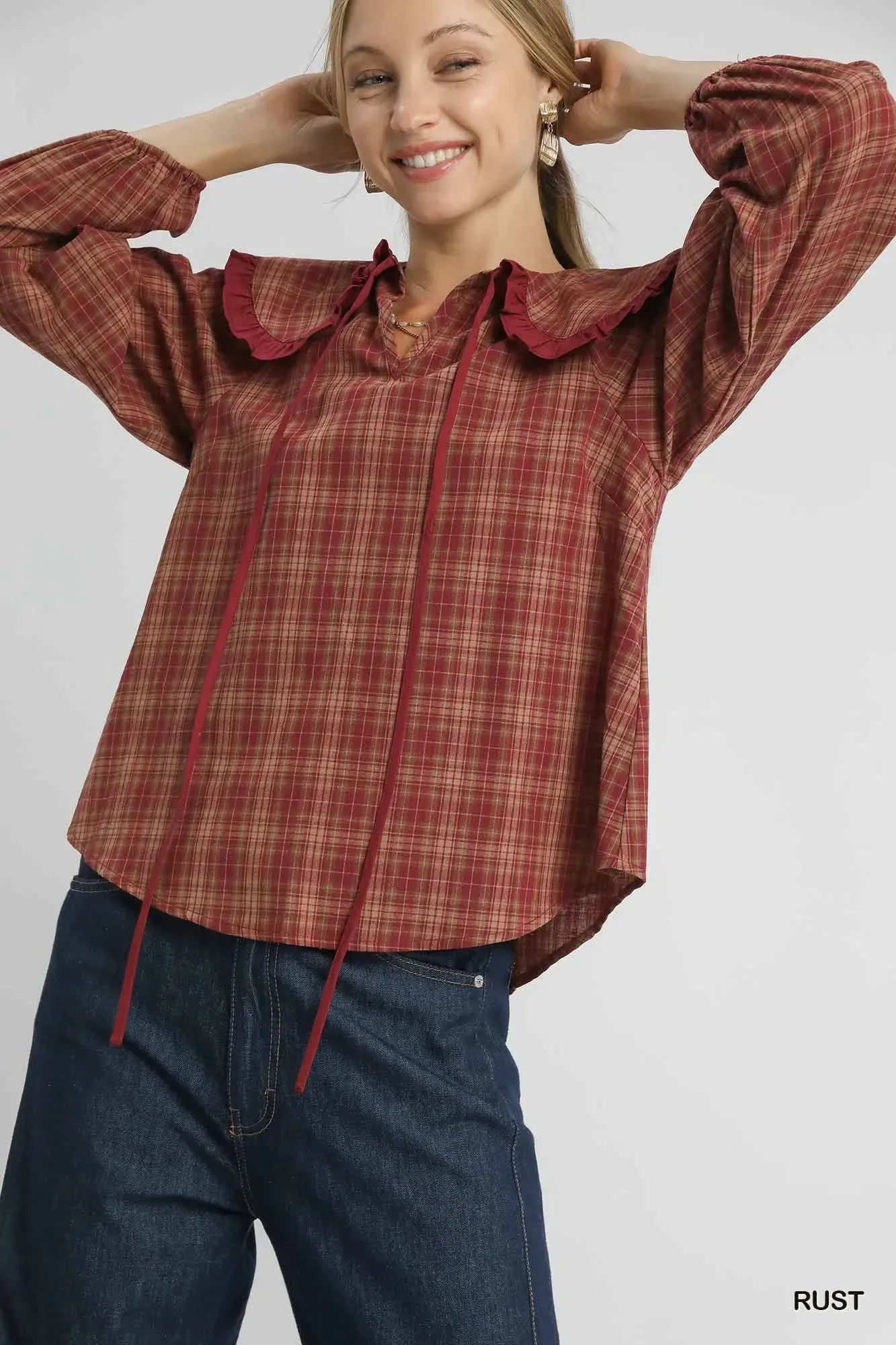 Umgee Full Size Plaid Ruffle Collar Blouse Plus Size - Makw Official Site