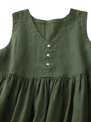 V-Neck Button Detail Sleeveless Midi Dress - Makw Official Site