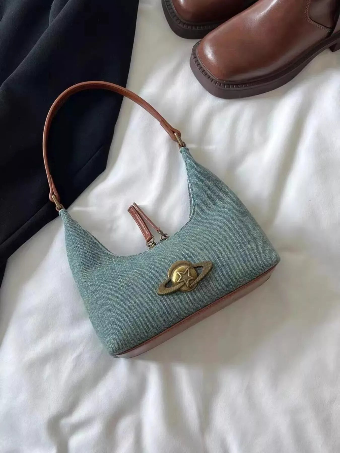 Denim Planet Decor Shoulder Bag - Makw Official Site