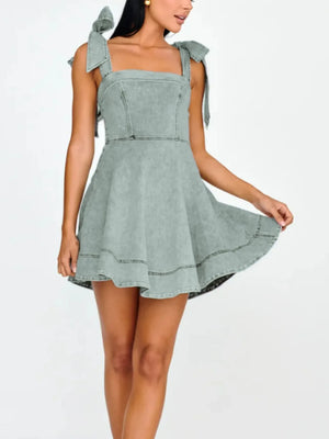 Bow-Shoulder Square Neck Denim Mini Dress - Makw Official Site