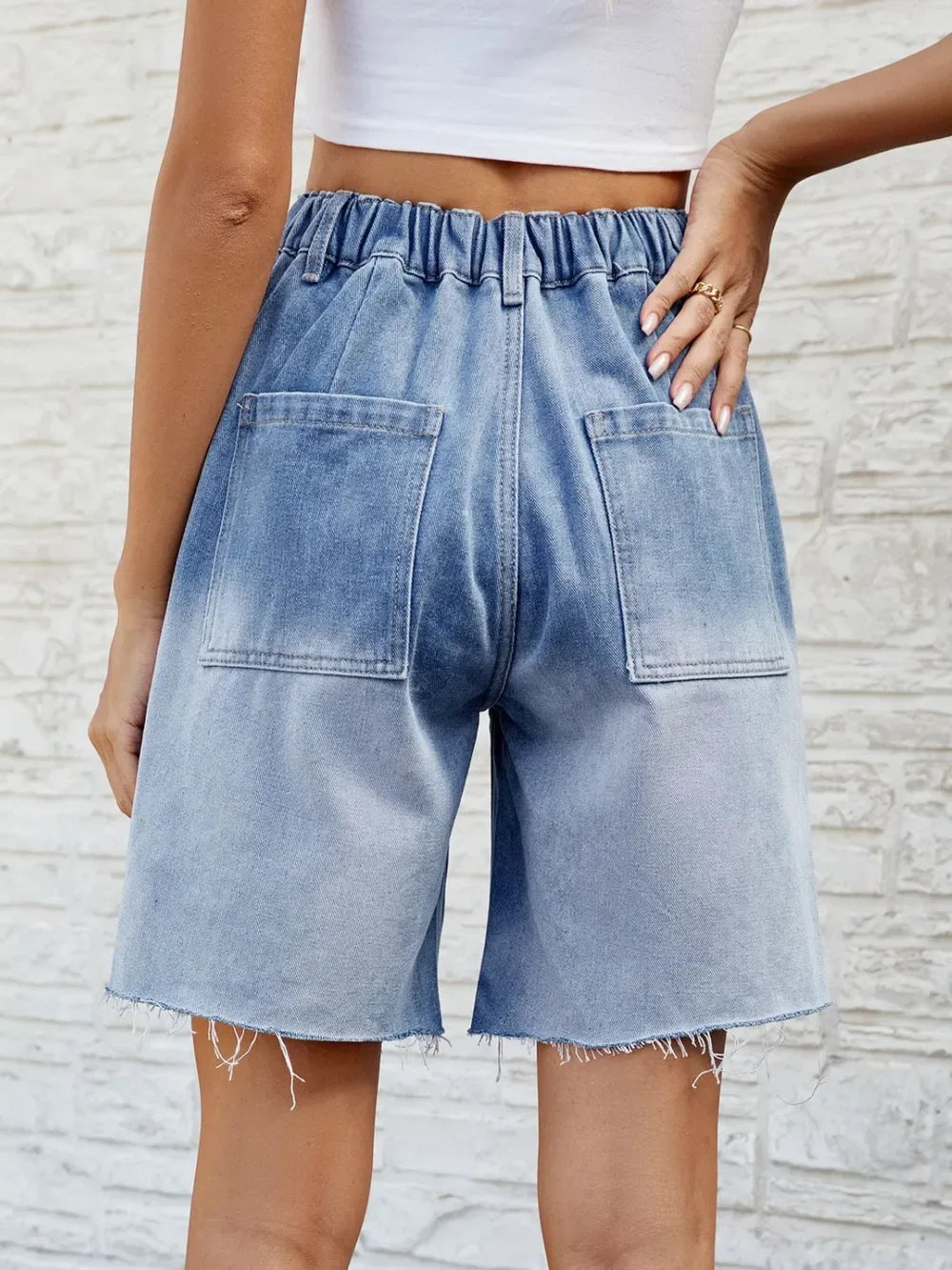 Buttoned Raw Hem Denim Shorts with Pockets - Makw Official Site