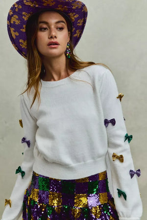 SO ME Mardi Gras Glitter Bow Ribbon Sweater Knit Top - Makw Official Site