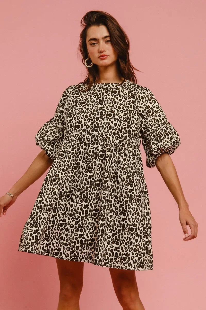 BiBi Leopard Denim Dress With Back Contrast Tie Detail - Makw Official Site