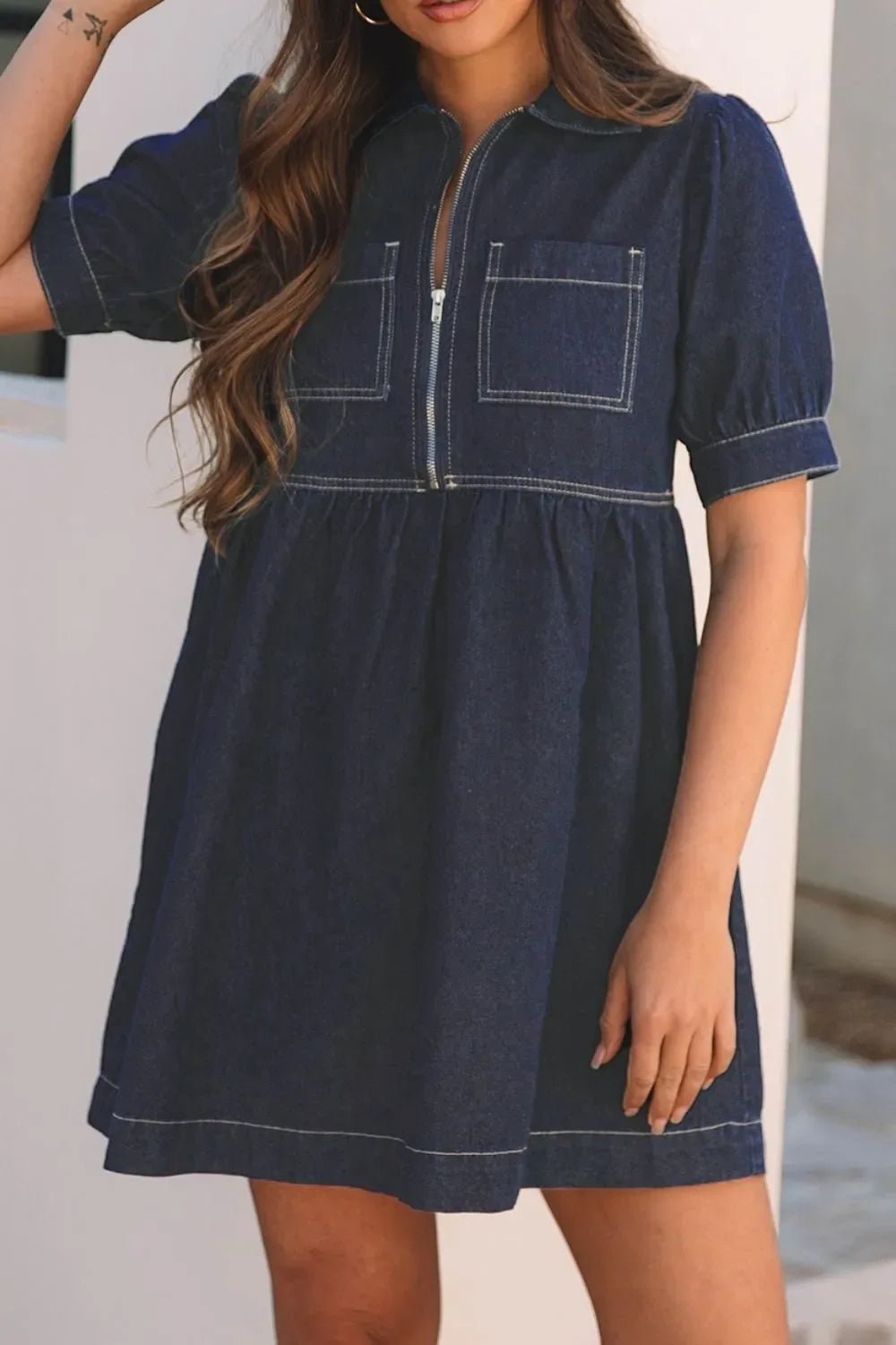 Collared Neck Half Zip Denim Dress - Makw Official Site