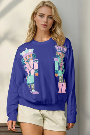 Double Take Full Size Sequin Nutcracker Long Sleeve Sweater - Makw Official Site