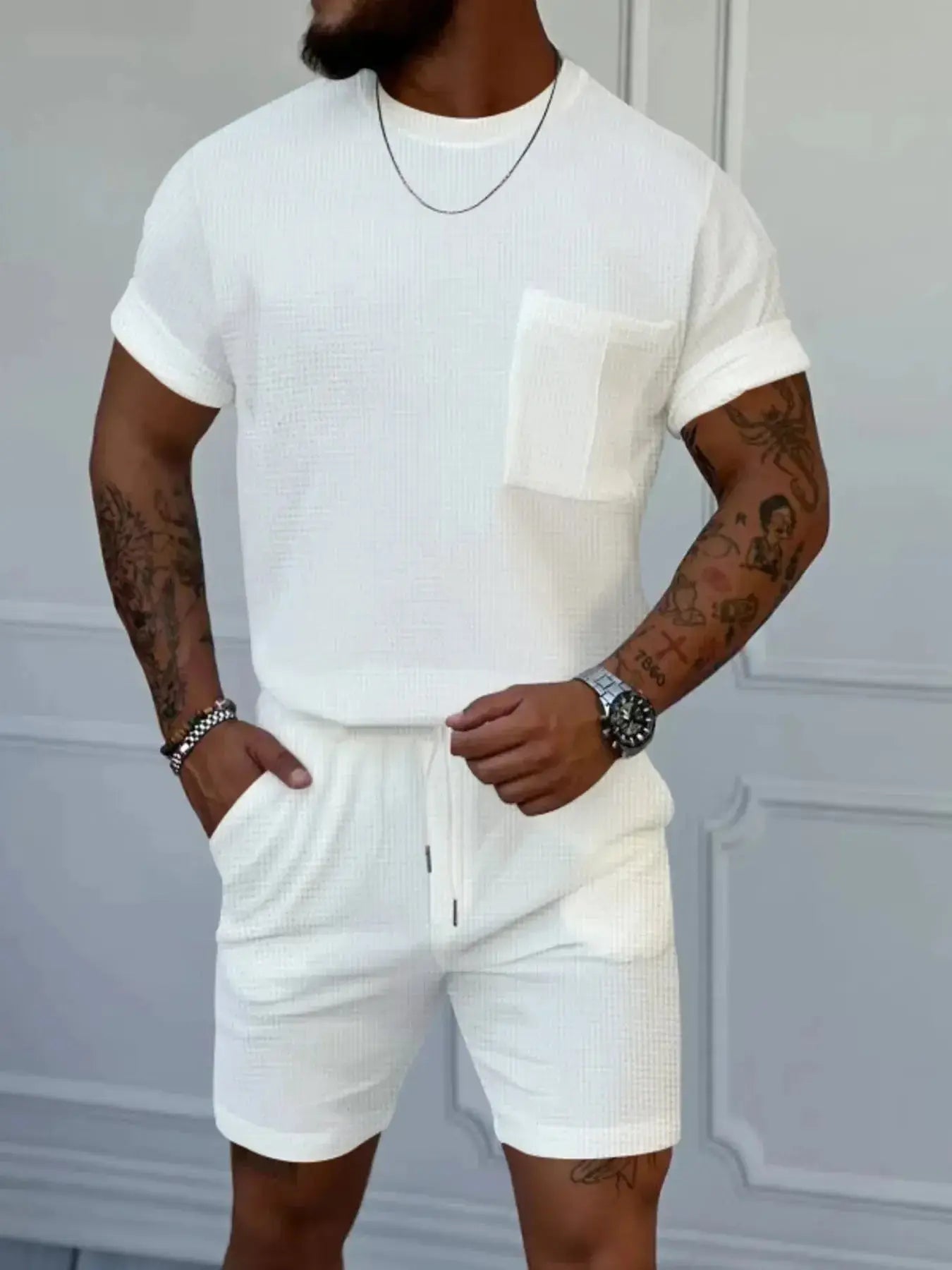 Men's Full Size Round Neck Short Sleeve Top and Shorts Set Plus Size - Makw Official Site