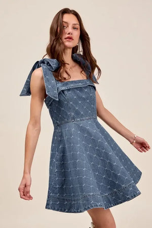 SO ME A Line Fit and Flare Diamond Bow Ribbon Denim Dres - Makw Official Site