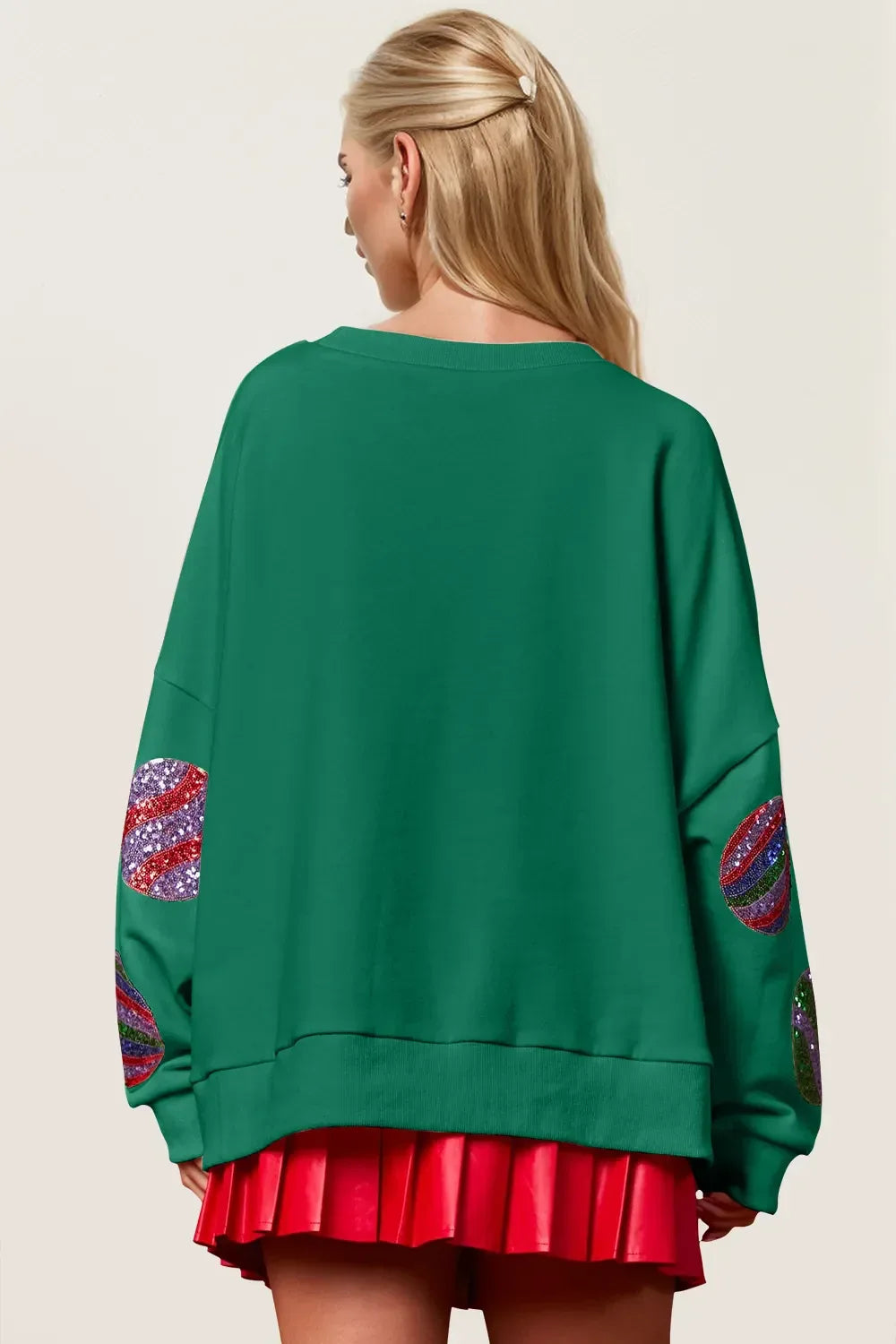 Double Take Christmas Element Sequin Round Neck Long Sleeve Sweatshirt - Makw Official Site