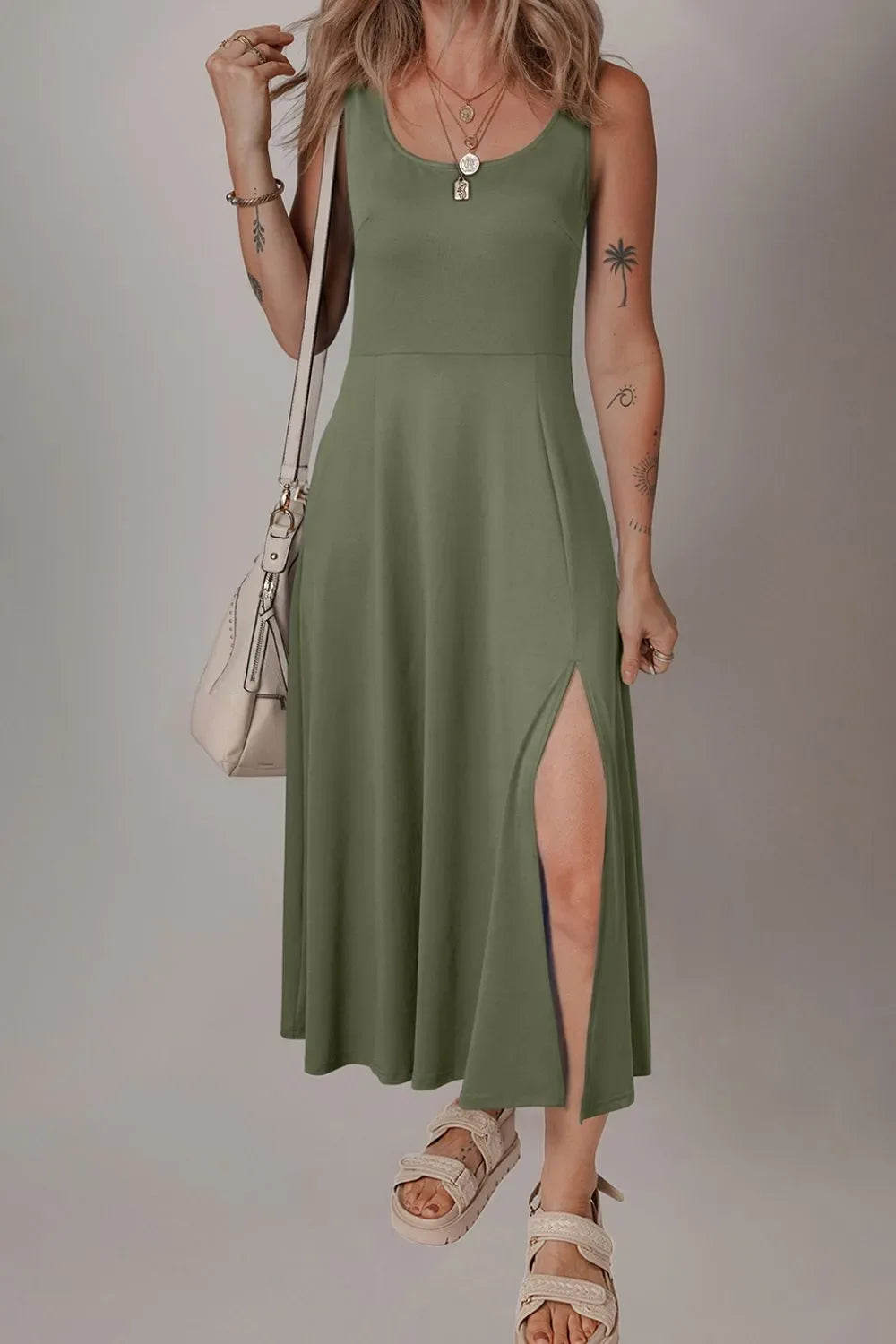 Side Slit Scoop Neck Wide Strap Dress - Makw Official Site