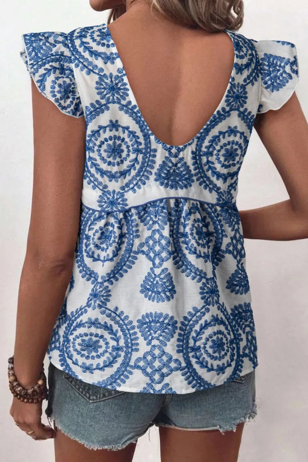 Boho Print Ruffled Cap Sleeve Crew Neck Blouse - Makw Official Site