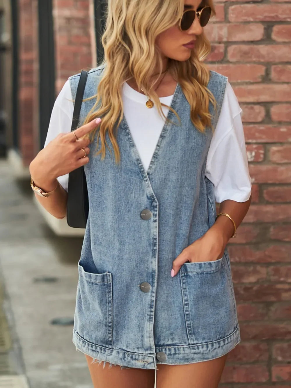 Full Size V-Neck Button Up Denim Vest - Makw Official Site