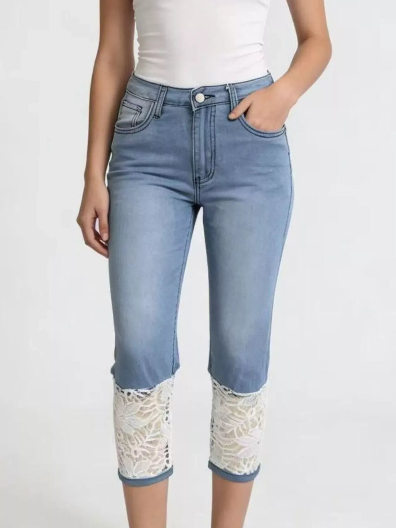 Full Size Lace Trimmed Capri Jeans Plus Size - Makw Official Site