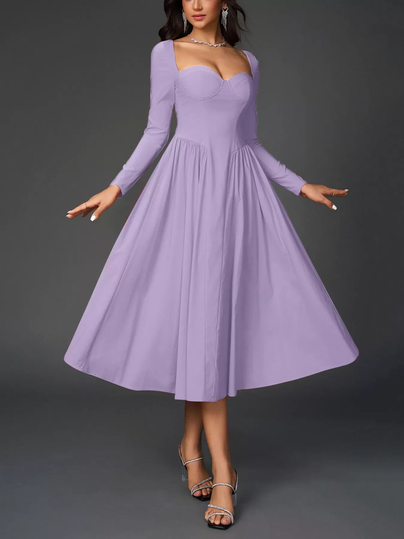 Sweetheart Neckline Long Sleeve A-Line Midi Dress - Makw Official Site
