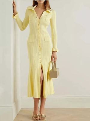 Button-Down Flounce Sleeve Sweater Dress - Makw Official Site