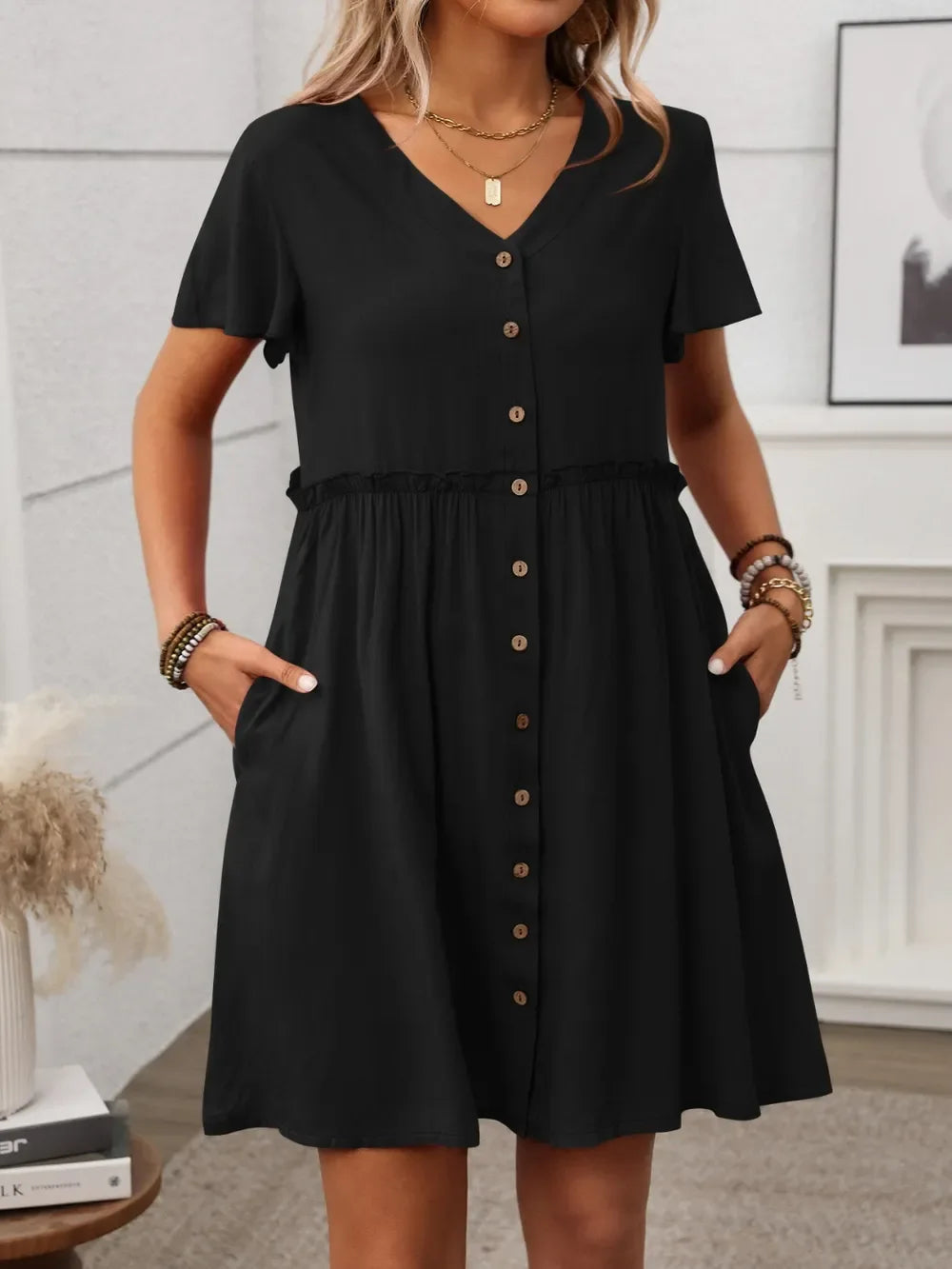 Button Front Flutter Sleeve Dress - Makw Official Site