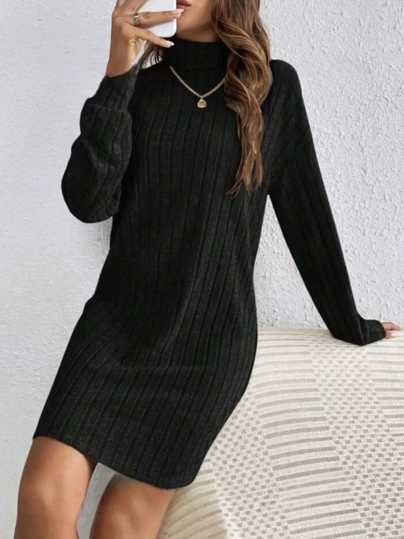Ribbed Knit Turtleneck Mini Dress - Makw Official Site