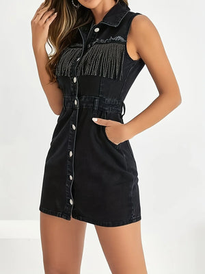 Fringe Detail Button-Front Mini Dress - Makw Official Site