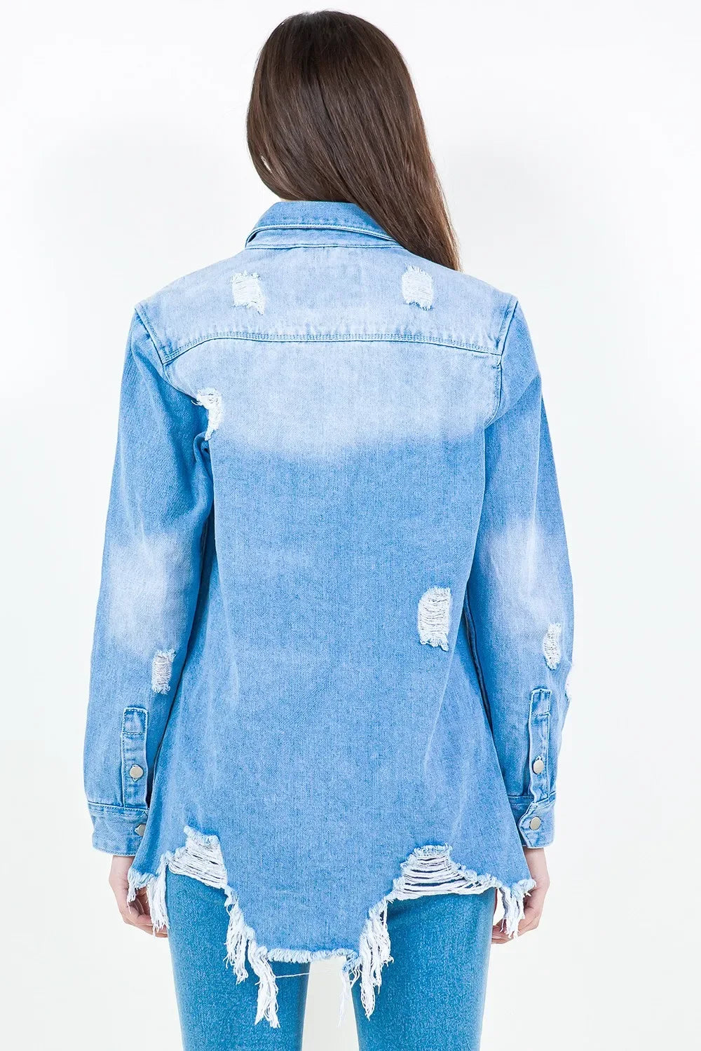 American Bazi Frayed Hem Distressed Denim Shirt Jacket - Makw Official Site