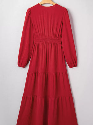 Contrast Embroidered Detail Cinched Waist Tiered Long Sleeve Maxi Dress - Makw Official Site