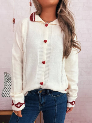Heart Button Long Sleeve Cardigan - Makw Official Site