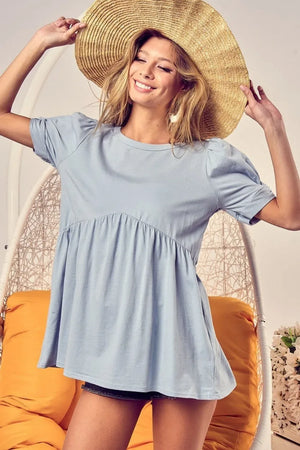 BiBi Cotton Span Knit with Puff Sleeve Baby Doll Top - Makw Official Site