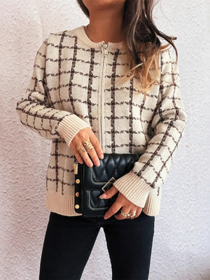 Plaid Pattern Zip Up Cardigan - Makw Official Site